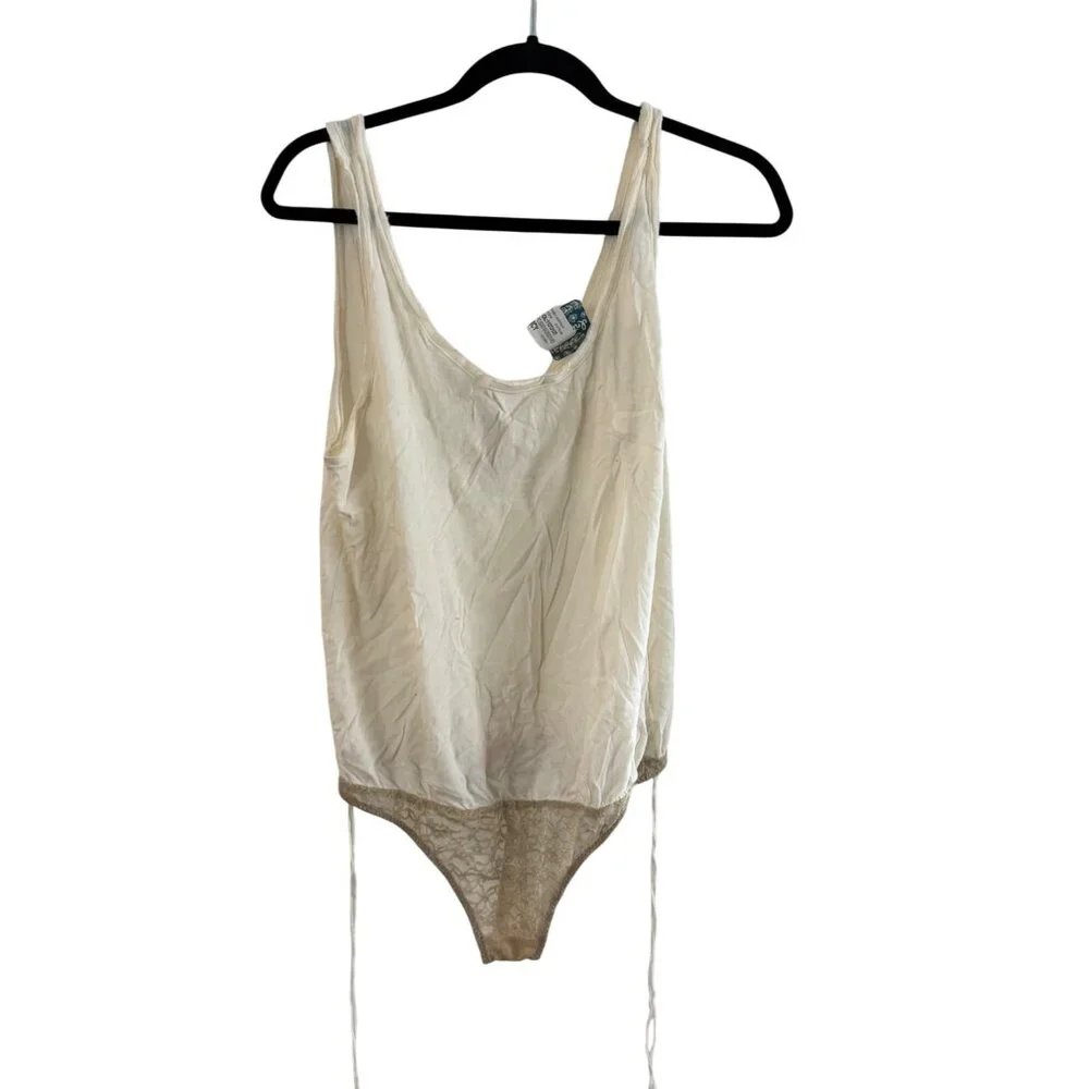 Free People XS Ivory Lace-Trimmed Bodysuit With Scoop Neckline & Adjustable Tie - Picture 1 of 4